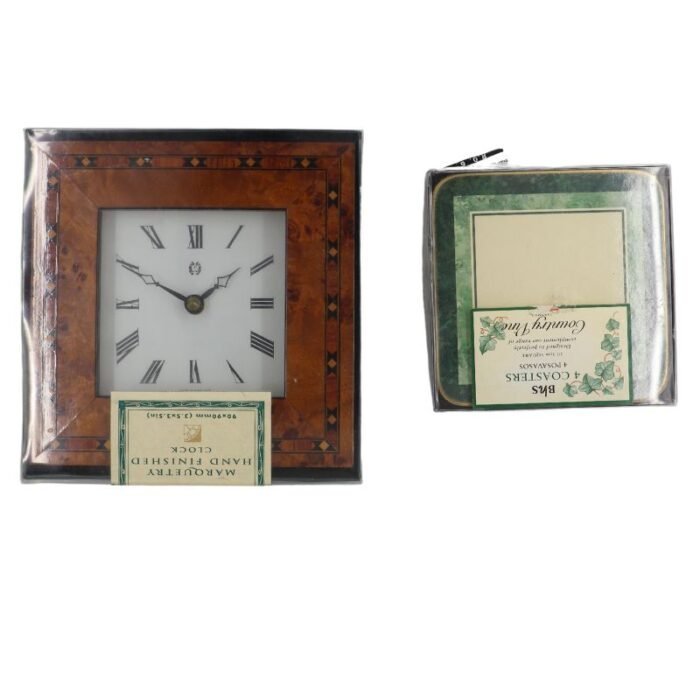 ⁦Antique Marquetry Hand Finished Clock with BHS 4pc Set Coasters⁩ - الصورة ⁦1⁩