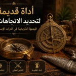 أداة قديمة لتحديد الاتجاهات والقبلة مع صور خنجر ودلة عمانية في مشهد يجسد التراث الإسلامي والعماني وأدوات الملاحة التقليدية.