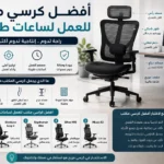 كيفية اختيار أفضل كرسي مكتب للعمل لساعات طويلة، مع شرح أهم المزايا مثل الدعم القطني، وإمكانية تعديل الارتفاع، ومسند الرأس، ومساند الذراعين، والظهر الشبكي